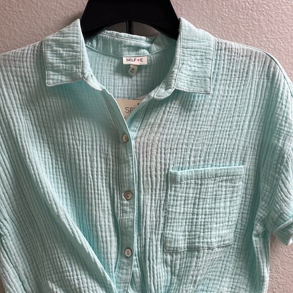 H). Self Esteem Button Down Shirt Short Roll Up Sleeve Teal Blue Medium - Picture 7 of 14